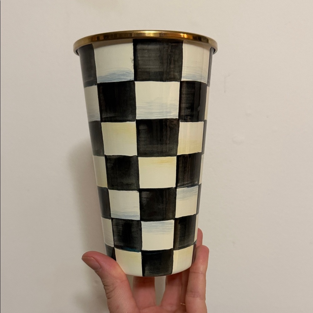 Mackenzie Childs Checkered Black and White Tumbler with Gold Rim